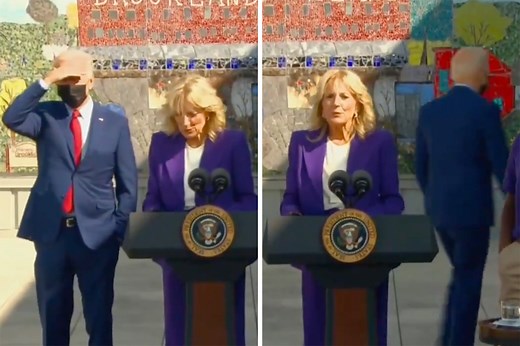 Biden awkwardly wanders away as Jill speaks at middle school