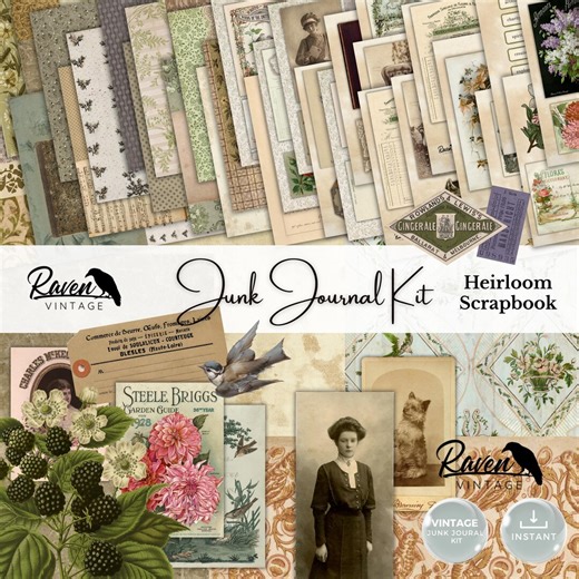 Heirloom Scrapbook - Junk Journal Kit Printable Vintage Papers and Ephemera Postcards - Etsy