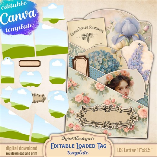 Editable Drag & Drop Canva Loaded Tag, Vintage Shabby Chic Template for Junk Journals - Etsy