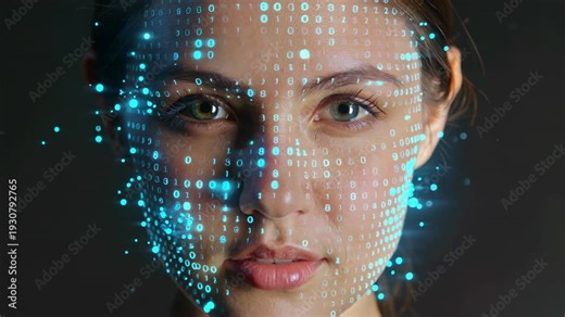 Beautiful young woman face transforming into artificial intelligence digital binary code cyborg futuristic beauty portrait