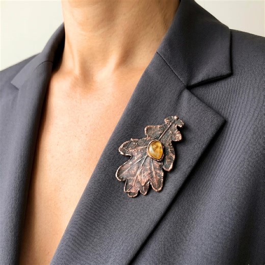 Real Oak Leaf Brooch Electroplated Copper With Citrine, Botanical Specimen Nature Jewelry for Her - Etsy