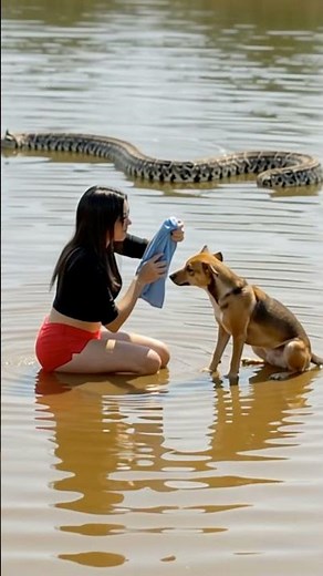 Unexpected Encounter: Woman, Dog & Giant Snake in the River! 🐍😱 #wildlife #python #dog
