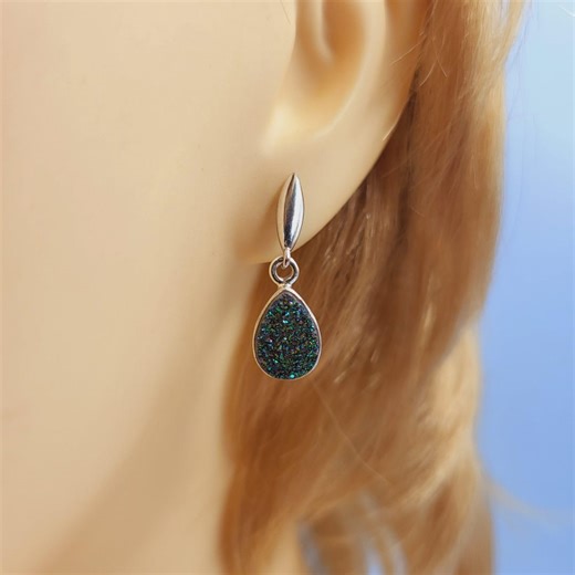 Blue Druzy Stud-drops, Lab Created Gemstones, Handmade Jewellery, Sterling Silver, Stud Drop Earrings - Etsy