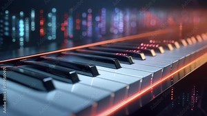 Floating 3D piano keys in a digital space, 3D background music, sleek and modern