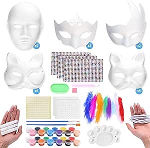 Wounded wild boar DIY Mask Making Kit – 20 Blank Masks (Cat, Wolf, Swan, Man, Crown) with 24 Acrylic Paints, Brushes, Feathers & Gem Stickers – Ideal for Kids & Adults, Arts & Crafts, Parties