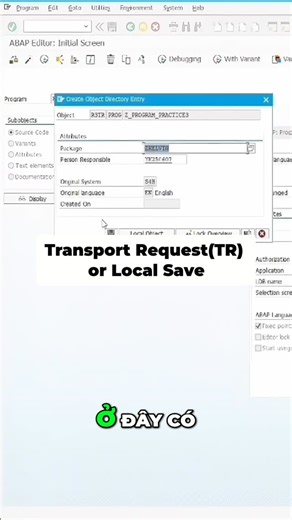 Huynh Thien Phu on Instagram: "Thủ thuật lưu program ABAP nhanh chóng! 🚀 Chọn TR hoặc local object để lưu trữ program của bạn. Cách lưu chương trình ABAP đơn giản! #technicalabap #SAPABAP #abapdeveloper #abapprogramming #sapdeveloper #abaptips #saptricks #codetips #lậptrìnhABAP #SAPVietNam"