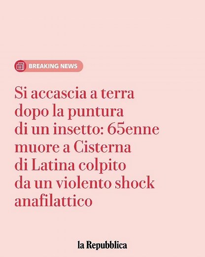 A Cisterna di Latina punto da un insetto, si accascia e muore