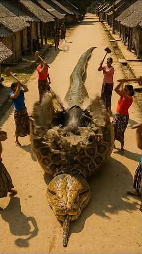 This python swallowed the buffalo😱 alive. The women pulled it out alive from the python's stomach