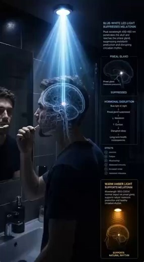 GO TO YOUR BATHROOM RIGHT NOW. LOOK UP AT THE LIGHT. THAT LED BULB IS EMITTING A FREQUENCY THAT IS DESTROYING YOUR HORMONES EVERY TIME YOU TURN IT ON.Every LED bulb in your home emits a concentrated spike of blue light at 450 nanometers. This is not natural light. The sun emits a full spectrum — red, orange, yellow, green, blue — balanced. An LED strips out everything except blue and coats the inside with a phosphor to fake the appearance of white.Your body cannot tell the difference between LED