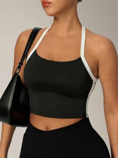 Women Color Block Halter Neck Yoga Tank Tops Camisole Workout Sexy Backless Contrast Color Y2K Casual Crop Tops For Gym Daily Wear All Seasons | SHEIN