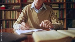 Senior male writer taking short notes in notepad, studying literature at library