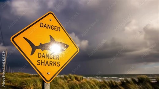 Caution sharks! A dynamic ocean scene with a bright warning sign, perfect for ocean safety awareness and coastal tourism campaigns.