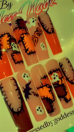 Boo! 👻 🎃 Halloween press on Nails mor styles and more flavors to come ⚠️ ⚠️🖤🩶💛 but which ones are you wearing? 💅🏾 🎃 #halloween #pressonnails #nailsart #orangenails