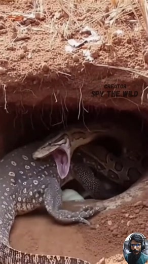 A rare wildlife moment inside a riverbank burrow. A monitor lizard defends its nest, but a giant python suddenly changes the outcome. Nature is unpredictable, and every second matters. #wildlife #lizard #python #snake #nature | Spy the Wild