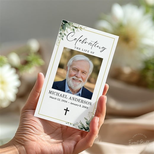 Greenery Funeral Prayer Card Template Printable Catholic Memorial Prayer Card Editable in Canva Instant Download Personalized Gold Frame - Etsy