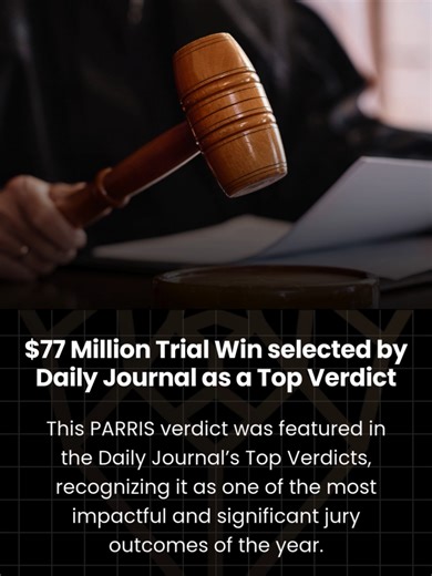 PARRIS Law Firm is proud to announce that the Daily Journal has recognized a $77 Million decision the firm secured a few months back as a Top Verdict. The case centered on the catastrophic impact our client suffered, when a luxury sedan collided with his motorcycle on Angeles Forest Highway in September, 2021. Attorneys R. Rex Parris, Khail Parris, and Curtis Crawford were successfully able to argue that the sedan had been consistently driving recklessly throughout the mountain highway prior to 