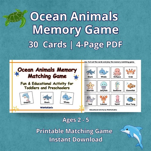 Ocean Memory Game for Kids, Sea Animals Matching Game Printable, Toddler & Preschool Activity Ages 2–5, Underwater Learning Cards PDF - Etsy