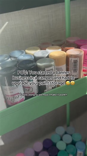 Living in a camper while running a banner business means learning how to be intentional with every inch of space. This paint organization might seem small, but it’s one of those behind-the-scenes moments that makes everything run smoother. Not waiting for the “perfect” setup, just building what I can with what I have and keeping the business moving forward 🎨🚐 #camper #bannerbusiness #banner #paint #SmallBusiness