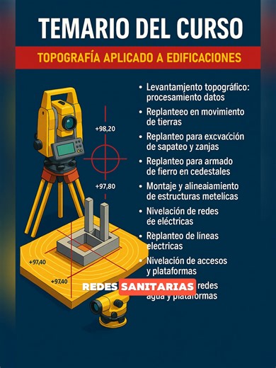 🏗️ ¡Curso de Topografía Aplicada a Edificaciones! 📏 ¡No te quedes atrás! Aprende a dominar las técnicas esenciales de Topografía aplicadas a proyectos de construcción. 🗓️ Fechas: 22, 23, 29, 30 de Noviembre y 6, 7 de Diciembre. ⏰ Horario: 7:00 pm a 9:00 pm. 👨‍🏫 Docente: Top. Percy Lima Quispe. 💻 Modalidad: 6 sesiones en vivo por Zoom. 🎓 Certificado: ¡Virtual y GRATUITO de 64 horas académicas! 💰 ¡Invierte en tu futuro por solo S/ 75.00! ¡Asegura tu cupo e impulsa tu carrera profesional! #