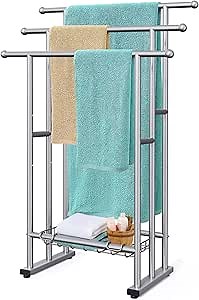 40" Tall Freestanding Towel Racks for Bathroom, 3 Tier Floor Towel Rack with Storage Basket, Blanket Ladder Drying and Display Rack for Large Bath & Hand Towel Outdoor Poolside