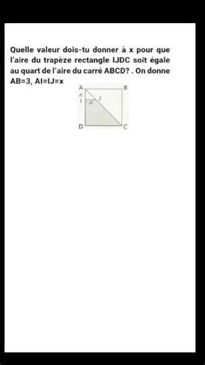 Aire d’un trapèze rectangle et d’un carré – Résolution d’un problème avec mise en équation Dans cette vidéo, nous corrigeons un exercice de géométrie faisant intervenir le calcul d’aire d’un trapèze rectangle et d’un carré. Nous utilisons les propriétés des figures planes, la mise en équation, le raisonnement algébrique et la résolution d’une équation pour déterminer une valeur inconnue. Une correction détaillée pas à pas pour comprendre la méthode et la rédaction attendue. géométrie, aire, trap