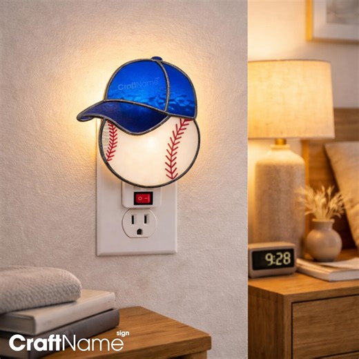 Baseball With Cap Stained Glass Night Light for Kids Room Decor, Sports Theme Plug in Wall Light, Gift for Baseball Fans - Etsy