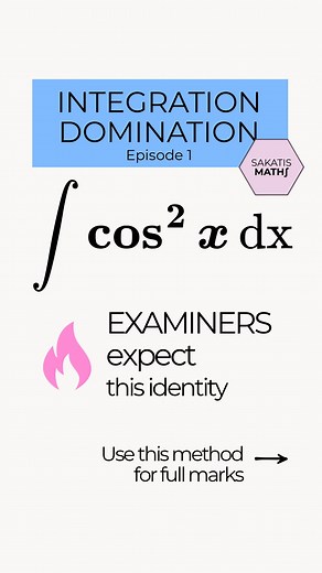 Sakatis Maths on Instagram: "🚨 You can’t integrate cos²x directly ! ✅ The fix? Cos double angle formula → turn it into something you CAN integrate If you skip this step, the marks are gone 😭 This reel shows the exact method Edexcel wants to see — clean, efficient, exam-ready 📌 Save now ➡️ Next episode: sin²x #IntegrationDomination #IntegrationTechniques #TrigIntegration #TrigonometricIdentities #CosDoubleAngle #AlevelIntegration #ALevelMaths #EdexcelMaths #SixthFormMaths #ExamTechnique #Metho