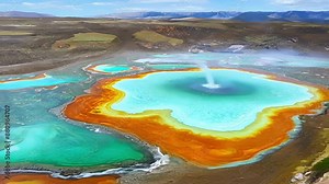 A birds eye view of a vast field of hot springs a patchwork of colorful pools and steaming vents in the Earths surface.