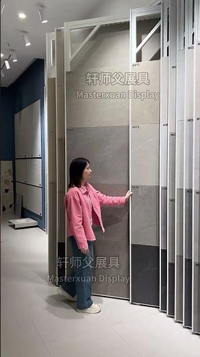 Waterfall style inclined porcelain tile display rack manufactured by Masterxuan Display Rack Company