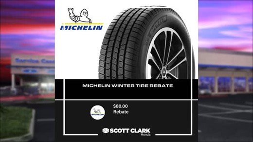 Scott Clark Honda on Instagram: "Scott Clark Honda Michelin Winter Tire Rebate $80 Rebate Contact us at (980) 880-6307, or visit http://fofwd.com/bf33h for details and current status of offer. Offer valid as of December 30, 2025 Get $80 via Visa® Reward Card or Visa® Virtual Account after online submission on purchases of four (4) new select Michelin winter passenger or light truck tires.Claim your rebate here: https://www.michelinman.com/auto/deals-promotions-and-rebates Offer Details: • Offer 