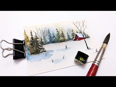 Easy watercolor Christmas barn in forest painting » How to paint a pine tree forest for beginners