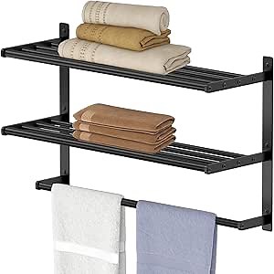 Hotel Towel Racks for Bathroom Wall Mounted, BETHOM 24 Inch Towel Shelf for Bathroom, 3-Tier Bathroom Towel Rack with Tower Bars, Matte Black