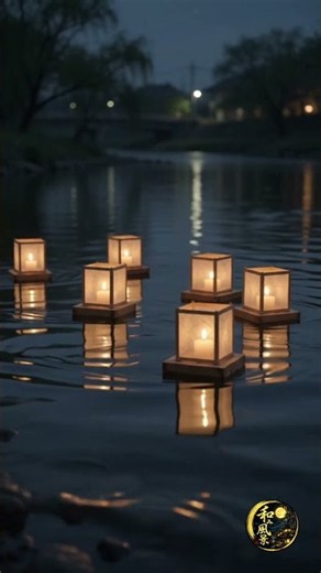 夜の川面を漂う、灯籠流しの静けさ Paper Lanterns Drifting on a Quiet Night River