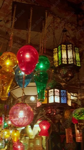 Illuminated oriental lanterns hanging from ceiling inside traditional market. Glass lamps in red, green and multicolor patterns glow warmly in dark interior. Khan El Khalili bazaar, Cairo, Egypt