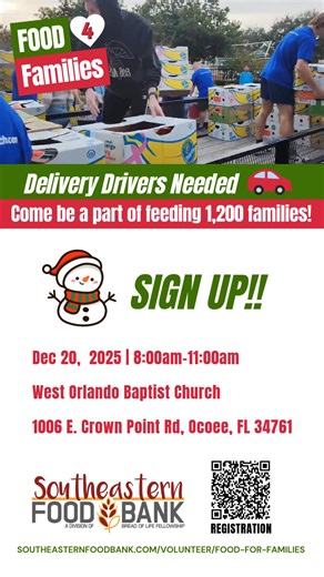 We Need Volunteer Drivers to help us deliver food to families on Saturday 12/20. If you are available for a few hours please sign up. Link in the comments. | Southeastern FoodBank