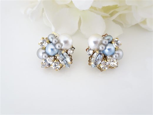 Blue Crystal Earrings: Pearl Cluster Bridal Earrings, Gold Wedding Jewelry - Etsy