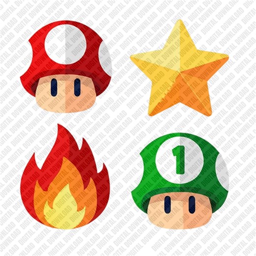 Super Mario Power up PNG Bundle, Mushroom Star and Fire Flower Digital Download for DTF Sublimation, Video Game Item Clipart Set - Etsy