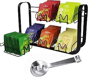 Tea Bag Organizer Storage and Display Rack with a Tea Bag Squeezer Stainless Steel Tea Bag Tongs for Cabinet and Counter or Wall Mount,can hold up to 120 standard size of tea bags