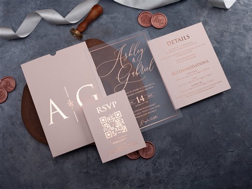 Luxury Acrylic Wedding Invitations - Rose Gold and Blush Pink Custom Invite Set With Envelopes - Etsy