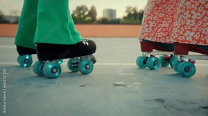 Females rollerblading with wheels sparkling during moves