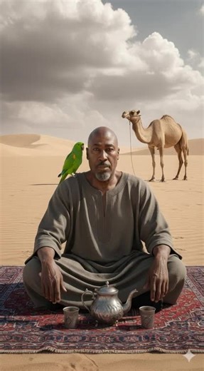 Prompt: Create a hyper-realistic image of an old man sitting on a traditional Iranian carpet in the middle of an empty desert. The man has ultra-realistic facial features, with visible wrinkles, a calm expression, and a sense of wisdom. On his shoulder, there is a vibrant green parrot perched gently, adding a touch of color to the scene. In the background, a camel stands gracefully against the vast desert, its silhouette contrasting with the sweeping dunes. On the carpet in front of the man, a t