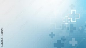 Abstract medical blue background with shapes of crosses. Animation of healthcare symbols. Looped motion graphics. Copy space.