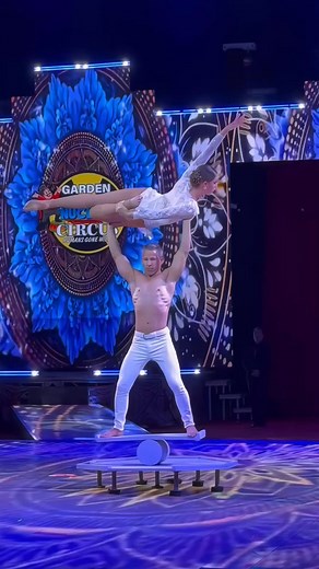 🌟🎪 Experience the stunning performance at the Garden Brothers Circus! Watch as this talented duo captivates the audience with their incredible balance and coordination. The man teeters back and forth on a board over a cylinder, showcasing his amazing control. In a breathtaking move, he lifts his partner high above his head. She then grabs her feet, forming a perfect ring shape, and he skillfully drops her over his body. It’s a mesmerizing moment of trust and skill that you have to see to belie