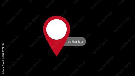 A red location pin marker animation .Burkina Faso map label with location pin symbol. Burkina Faso name with location icon animation.GPS location tracking animation. 4K video