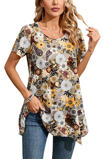 ENMAIN Tunic Tops for Women Plus Size Short Sleeve Tunics Loose Fit Dressy Summer Yellow Shirts 2XL