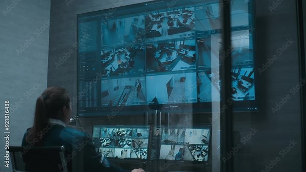 Female security operator watches CCTV cameras with recognition system in monitoring center using computer, talks on walkie talkie. Surveillance footage on multiple monitors and big digital screen.