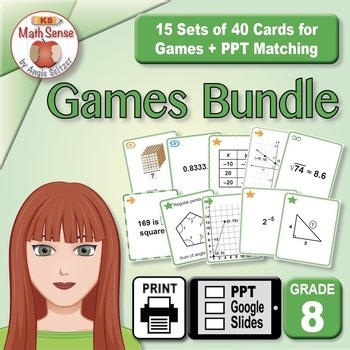 8th Grade Math Sense 15 Card Games & Activities Bundle | Print & PPT Digital