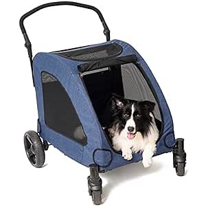 4 Wheel Foldable Pet Stroller for Dog, Breathable with Adjustable Handle Medium or Large Dog and Cat, Light Easy Fold EVA Brake Mesh Windows, Strollers Outdoor Travel Navy Blue