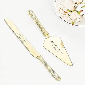 Wedding Cake Knife and Server Set, Personalized Cake Cutting Set, Engraved Elegant Cake Cutters With Sparkling Diamonds, Custom Pie Spatula and Cake Knife, Birthday Bridal Quinceañera Gift (Gold 2)