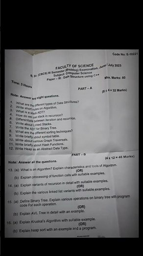 #Bsc 3rd semester computer science data structure using c++(backlog)2023#bsc#ou#3rdsemesterexam